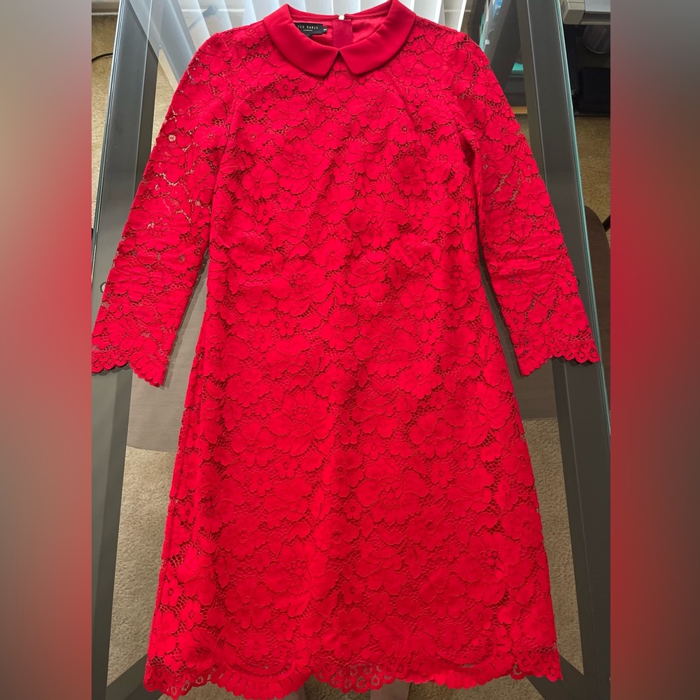 Ted Baker Size 2 Vibrant Red Lace Long Sleeve Dress